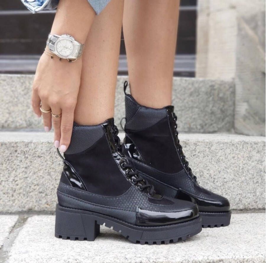 Shoekueen Dames Veter Platform Laarzen Zwart