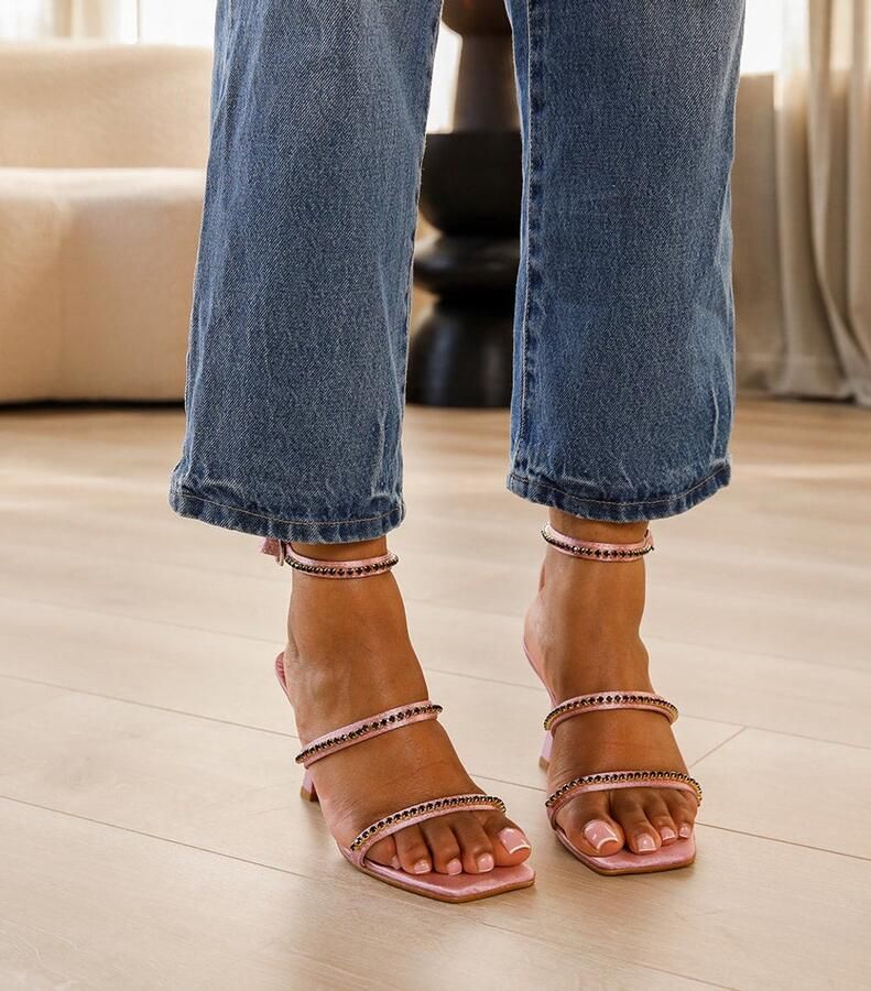Shoes by Armel dames sandalen met strass steentjes roze open teen vierkante neus hak verstelbare enkelband t m