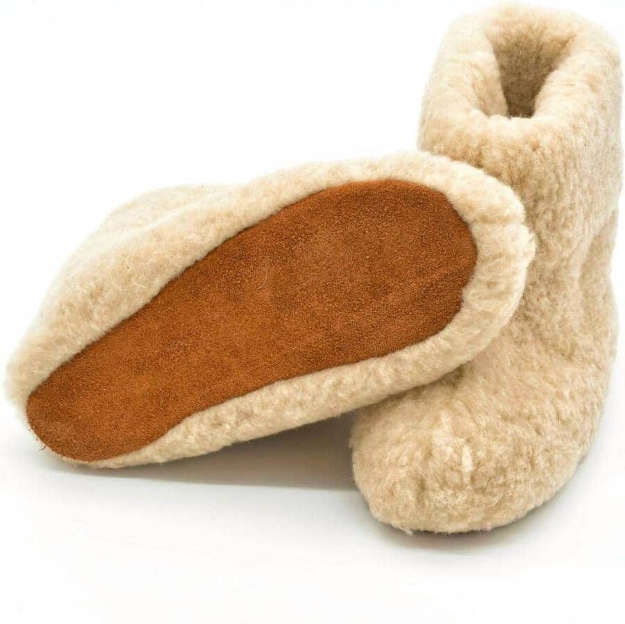 Skéépe Texelse wollen hoge sloffen met echte leren suède zool Beige