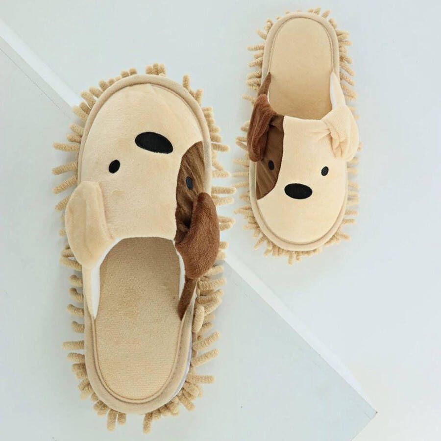 Smoakez Cartoon hond pantoffels voor en Microvezel reiniging Afneembare zool Vloerschoenen Beige