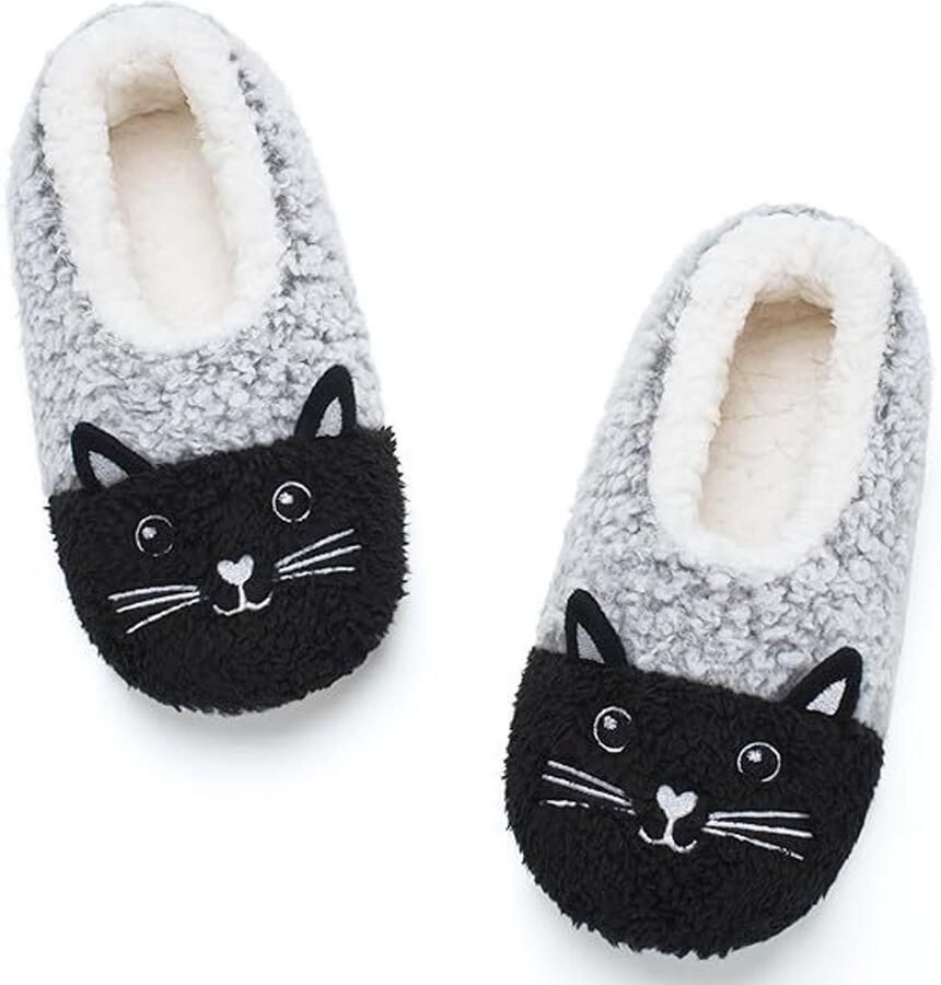 SNQ 1 paar pluche slippers Fleece slippers Leuke slippers in de vorm van dieren Antislip Gebreide en pluche bovenkant Grijszwart Met antislipstippen Wasbaar Europese