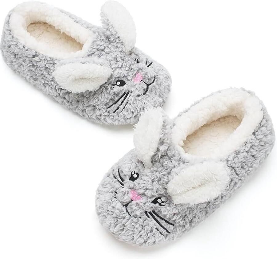 SNQ Pluche slippers—Schattige slippers in de vorm van dieren—Antislip—Gebreid en pluche bovenwerk—Grijs—Met antislipstippen—Wasbaar—EU ??38 5