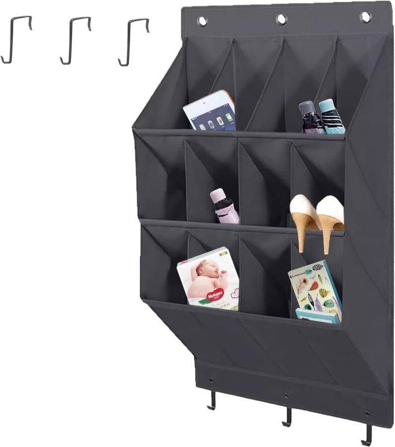 SNQ Over the Door Schoenenorganizer met 12 Vakken Hangend Opslagrek voor Schoenen en Slippers Diepe Vakken van 600D Oxfordstof in Grijs Met 6 Haken voor Thuisgebruik Geschikt voor Schoenen Slippers Toiletspullen en Huishoudaccessoires