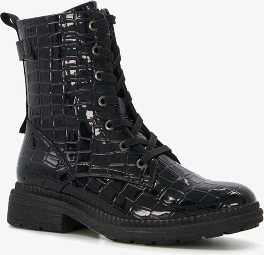 Softline dames veterboots met croco reliëf Zwart