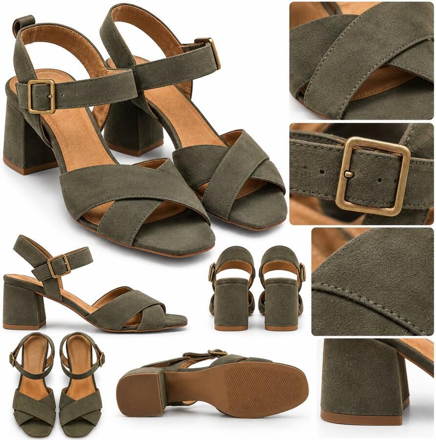 S.Oliver Dames Sandalen met Blokhak Kaki Groen Suèdelook Textiel Hak Soft Foam
