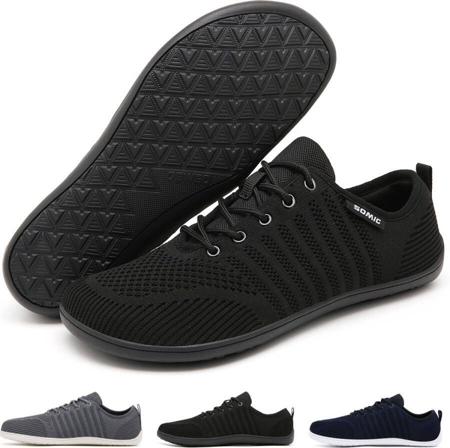 SOMIC Barefoot Schoenen Sportschoenen Sneakers Fitnessschoenen Hardloopschoenen Ademend Knit Textiel Platte Zool Zwart