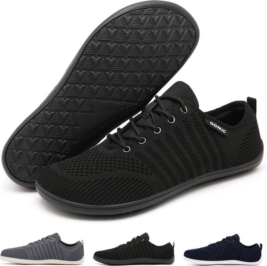 SOMIC Barefoot Schoenen Sportschoenen Sneakers Fitnessschoenen Ademend Knit Textiel Platte Zool Zwart