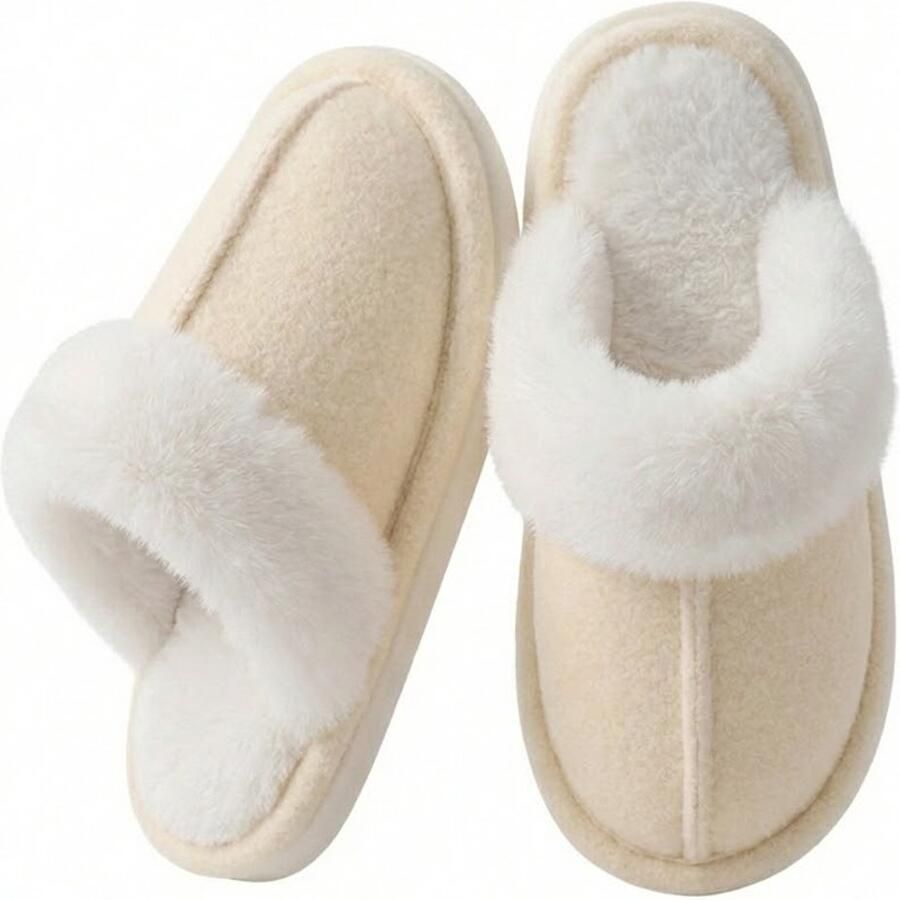 Somstyle Pantoffels voor Dames Antislip Zool Sloffen met Pluche Voering Beige