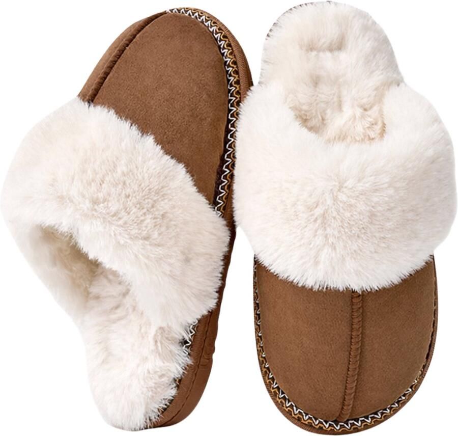 Somstyle Pantoffels voor Dames Antislip Zool Sloffen met Pluche Voering Donkerbruin - Foto 1