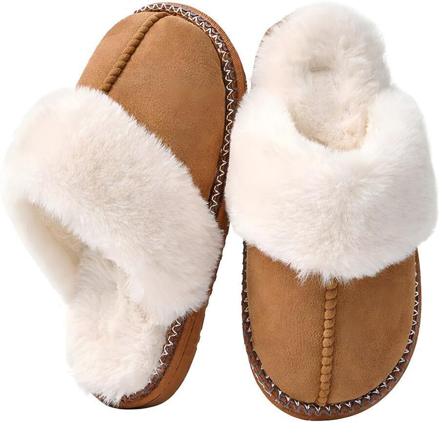 Somstyle Pantoffels voor Dames Antislip Zool Sloffen met Pluche Voering Lichtbruin