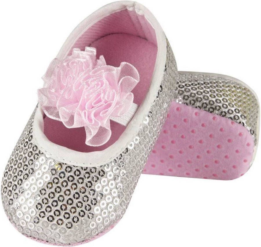 Soxo Babyslofjes Jersey Zilverkleurige babyslofjes Ballerina slofjes Roze bloem Glitterslofjes Babyslofjes voor meisjes Flexibele babyslofjes Antislip zool- Babyslofjes Schattige babyslofjes
