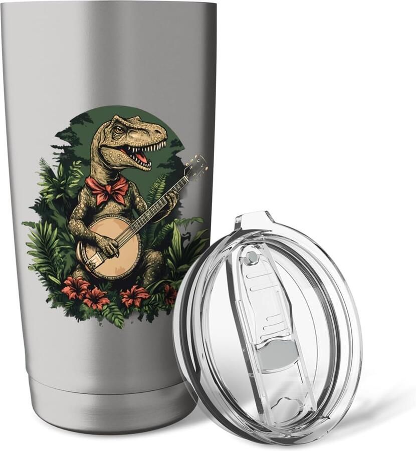Spelende T-Rex met thermosbeker