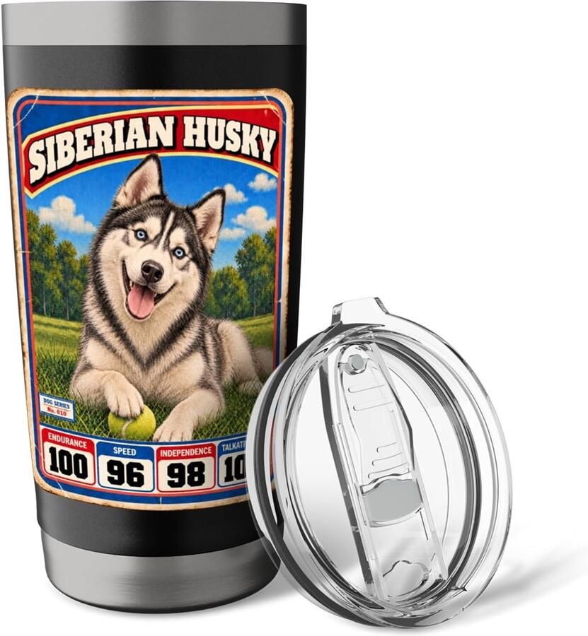 Sportkaart Siberian Husky jaren 70 80 dubbelwandige thermobeker