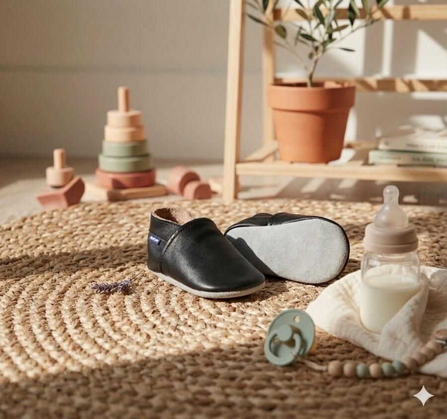 Stabifoot Babyslofjes Zacht Leer Cadeaudoos Linnen zakje Barefoot BLACK