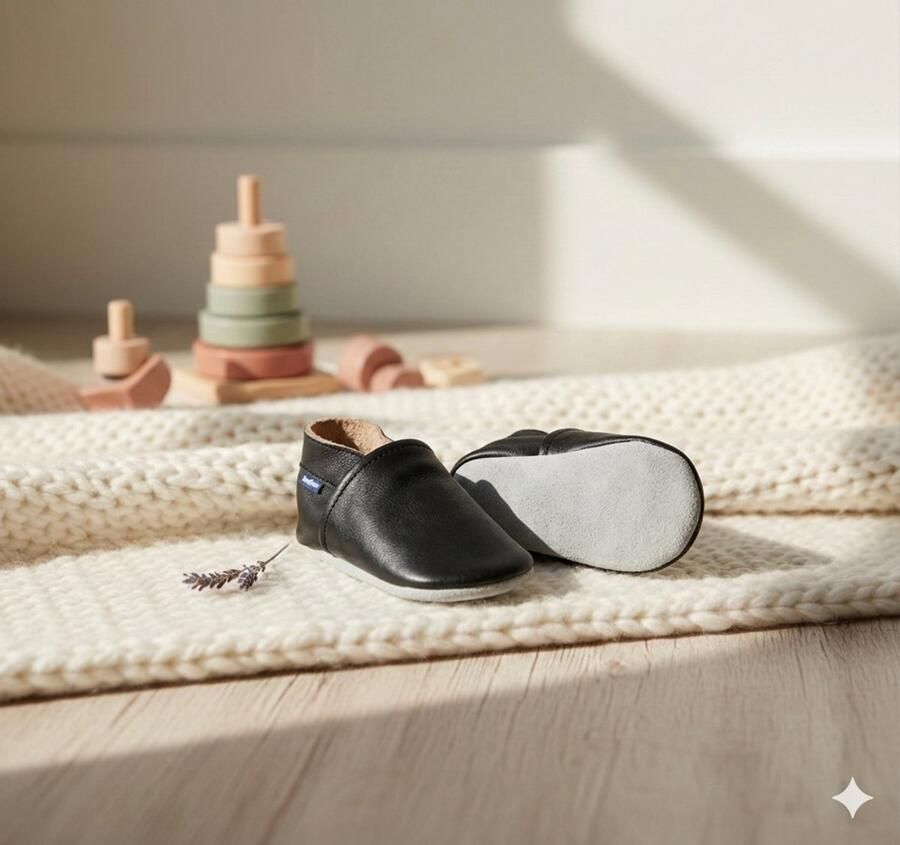 Stabifoot Babyslofjes Zacht Leer Cadeaudoos Linnen zakje Barefoot BLACK