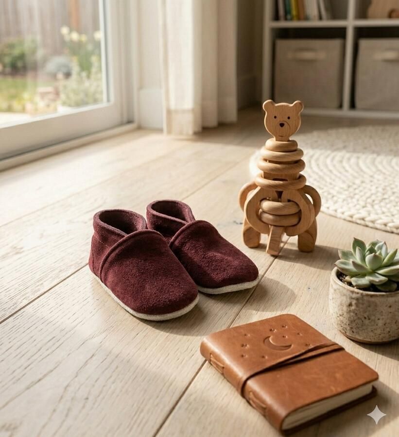 Stabifoot Babyslofjes Zacht Leer Cadeaudoos Linnen zakje Barefoot BORDO