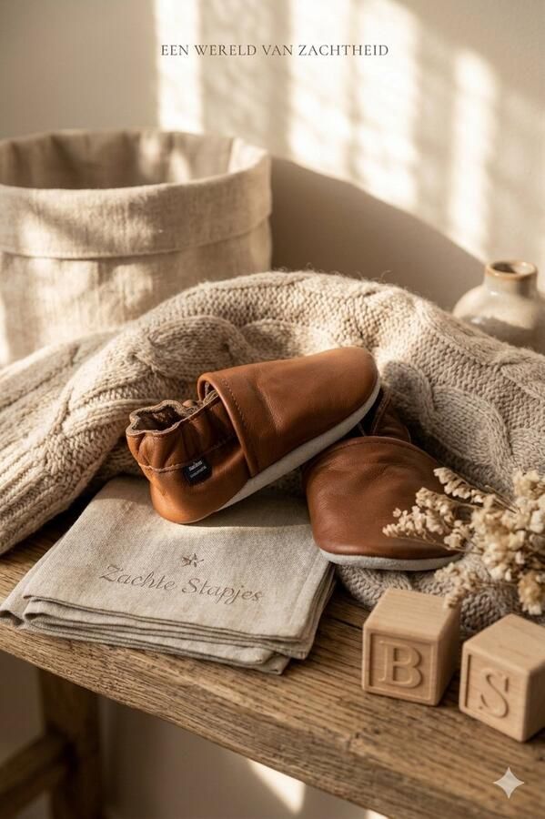Stabifoot Babyslofjes Zacht Leer Cadeaudoos Linnen zakje Barefoot COGNA