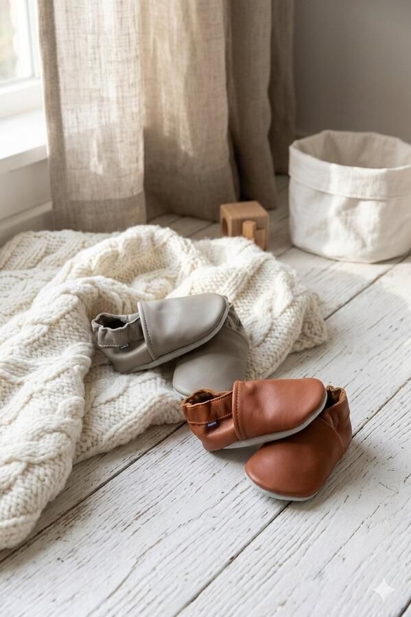Stabifoot Babyslofjes Zacht Leer Cadeaudoos Linnen zakje Barefoot COGNA