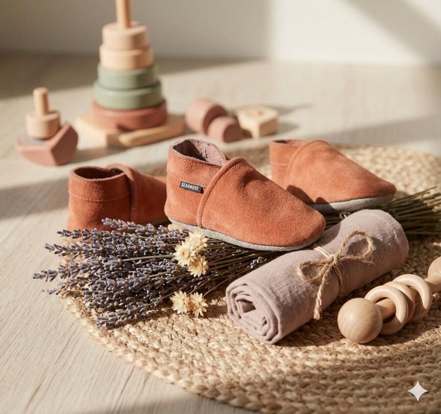 Stabifoot Babyslofjes Zacht Leer Cadeaudoos Linnen zakje Barefoot CORAL