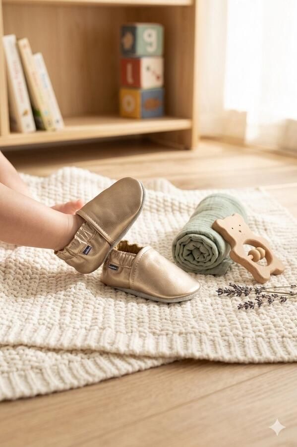 Stabifoot Babyslofjes Zacht Leer Cadeaudoos Linnen zakje Barefoot GOLD - Foto 1