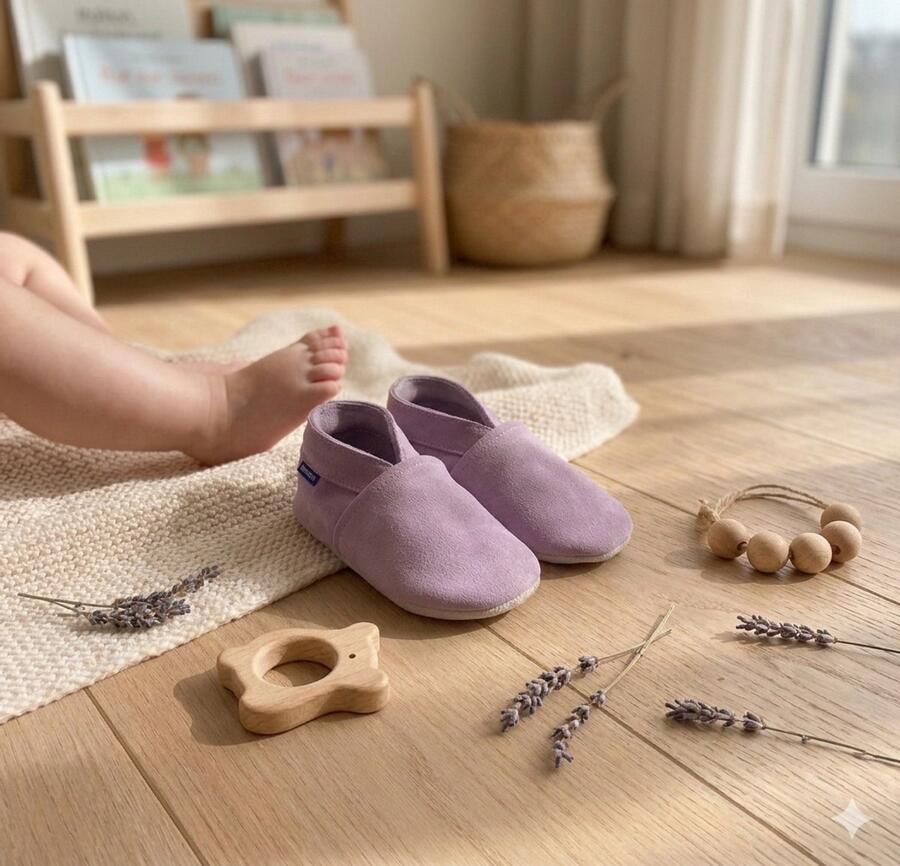 Stabifoot Babyslofjes Zacht Leer Cadeaudoos Linnen zakje Barefoot LAVANDE