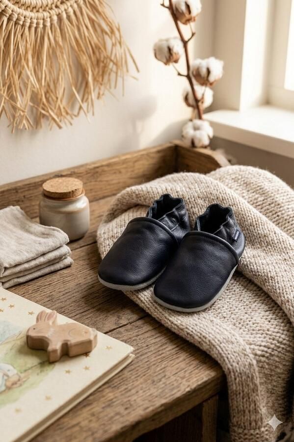Stabifoot Babyslofjes Zacht Leer Cadeaudoos Linnen zakje Barefoot NAVY