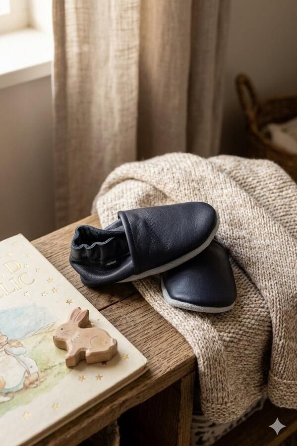 Stabifoot Babyslofjes Zacht Leer Cadeaudoos Linnen zakje Barefoot NAVY