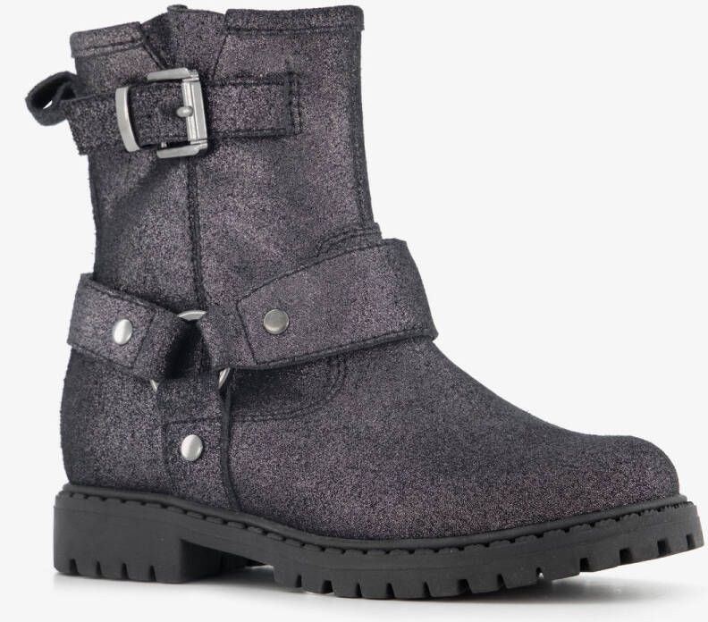 Stap leren meisjes biker boots met glitters zwart