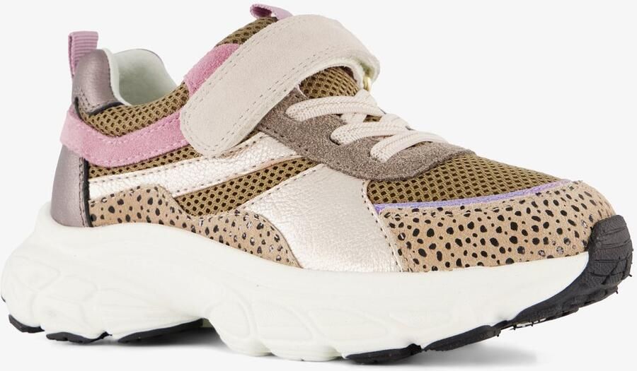 Stap leren meisjes sneakers bruin roze cheetah print Uitneembare zool