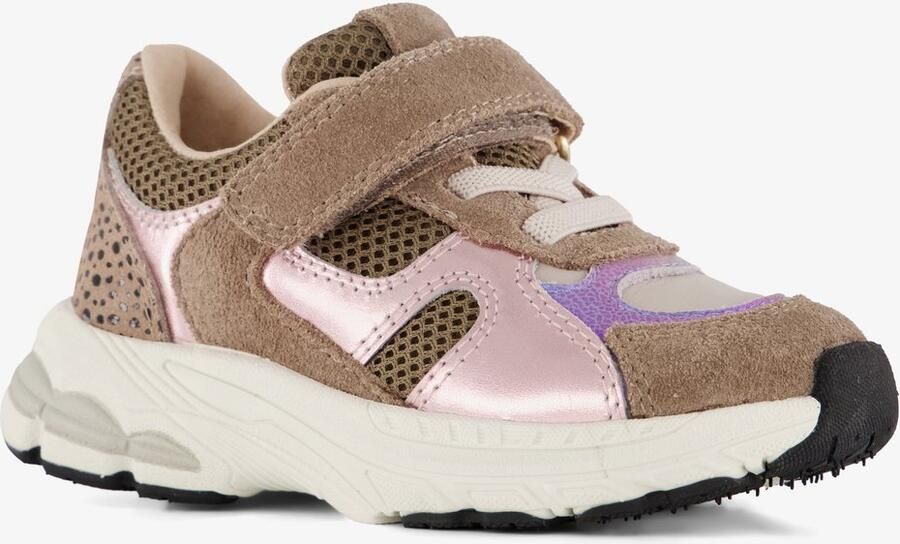 Stap leren meisjes sneakers met metallic details bruin