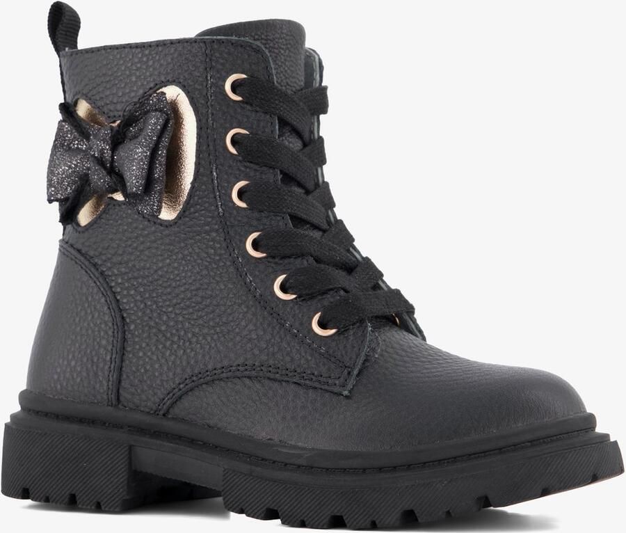 Stap leren meisjes veterboots met strik zwart
