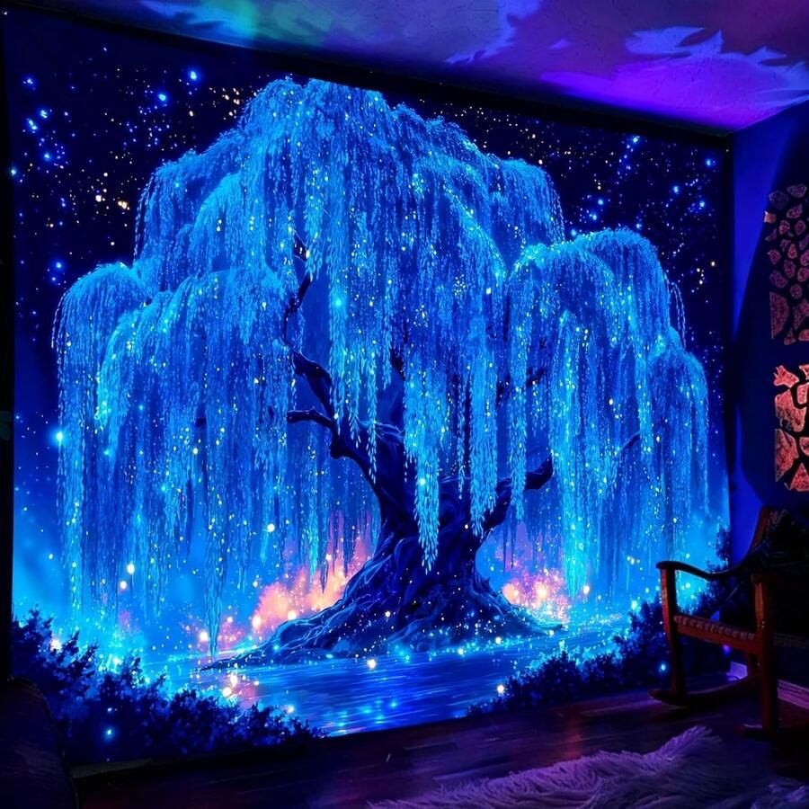 Sterrennacht boom wandtapijt UV-reactief gloeit in het donker mystieke wanddecoratie 180 x