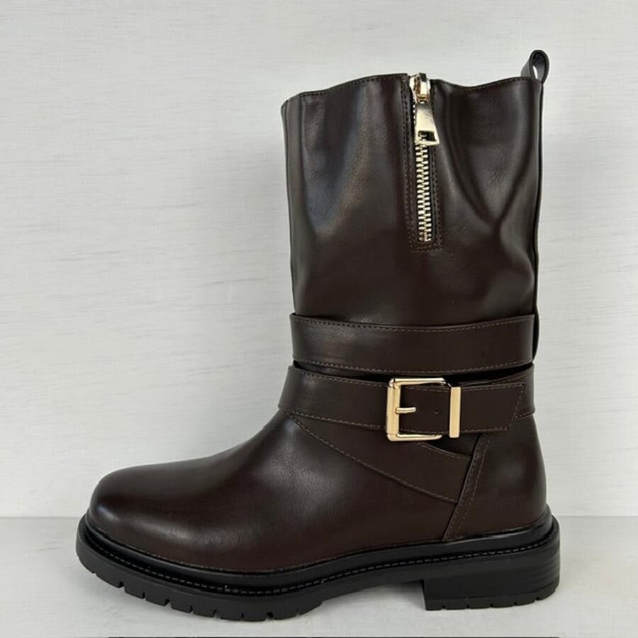 Stoere leatherlook laarzen met gespje bruin