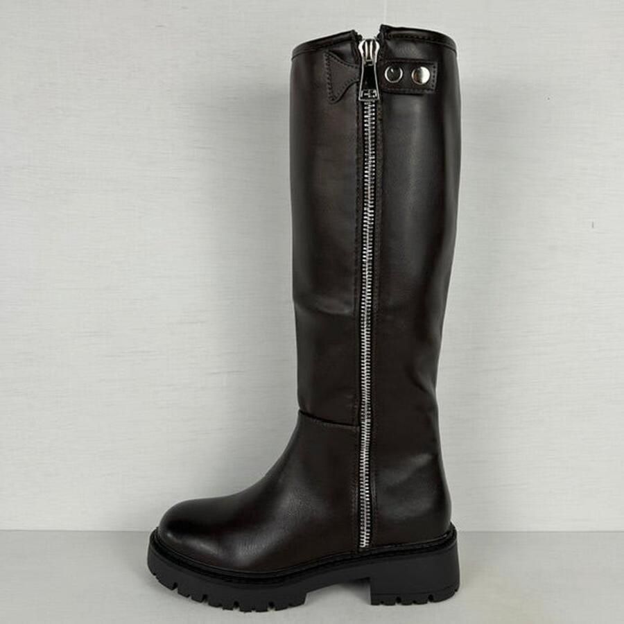 Stoere leatherlook laarzen met rits bruin (Verstelbare schacht) Bruin