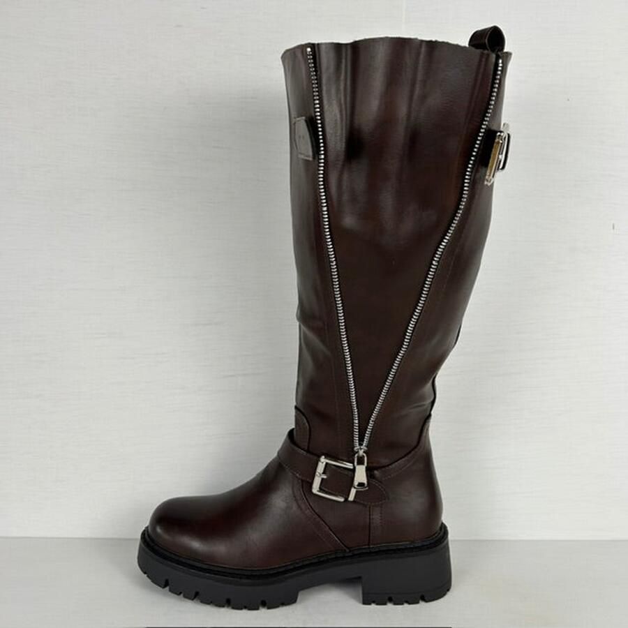 Stoere leatherlook laarzen met rits en gespjes bruin (Verstelbare schacht) Bruin