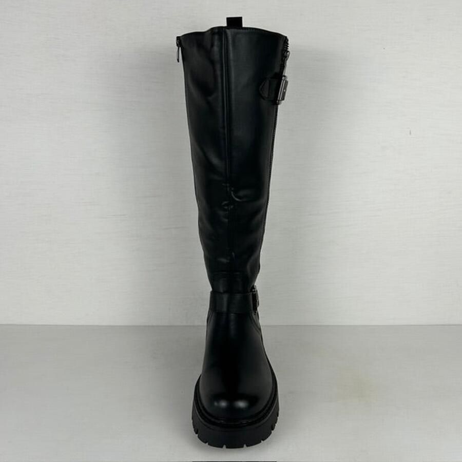 Stoere leatherlook laarzen met rits en gespjes zwart (Verstelbare schacht) Zwart