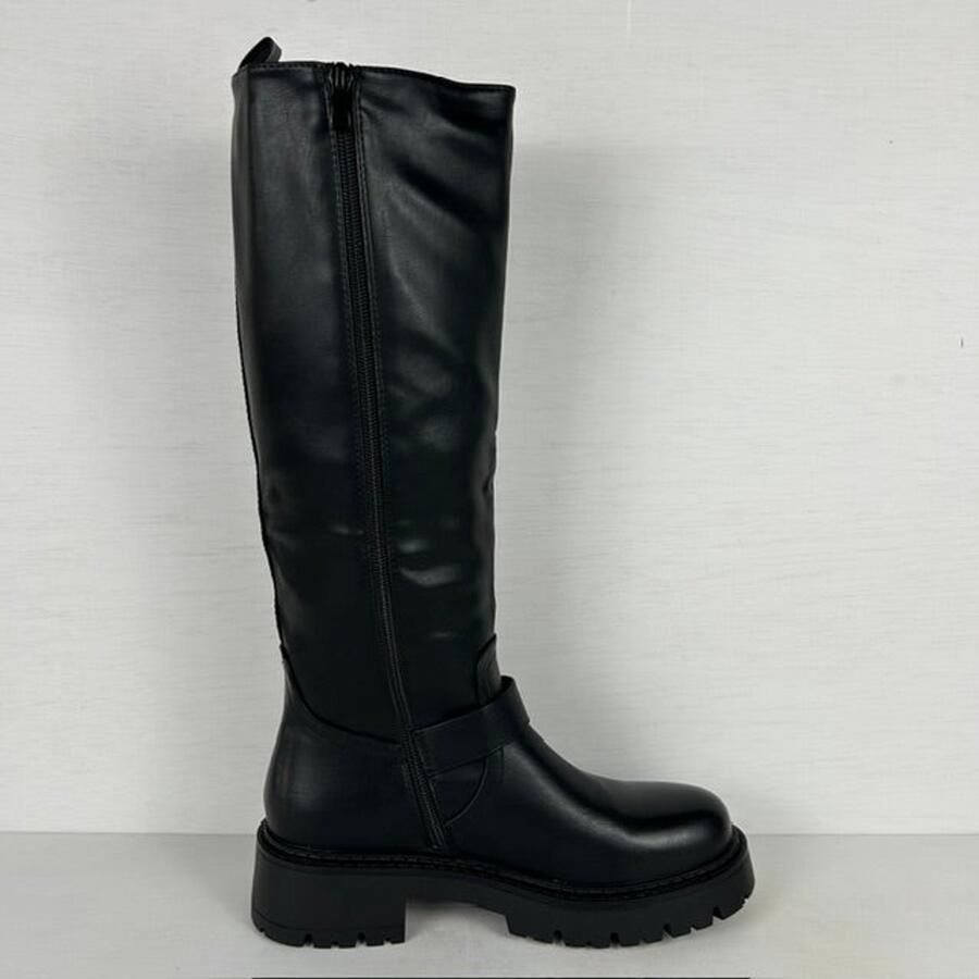 Stoere leatherlook laarzen met rits en gespjes zwart (Verstelbare schacht) Zwart