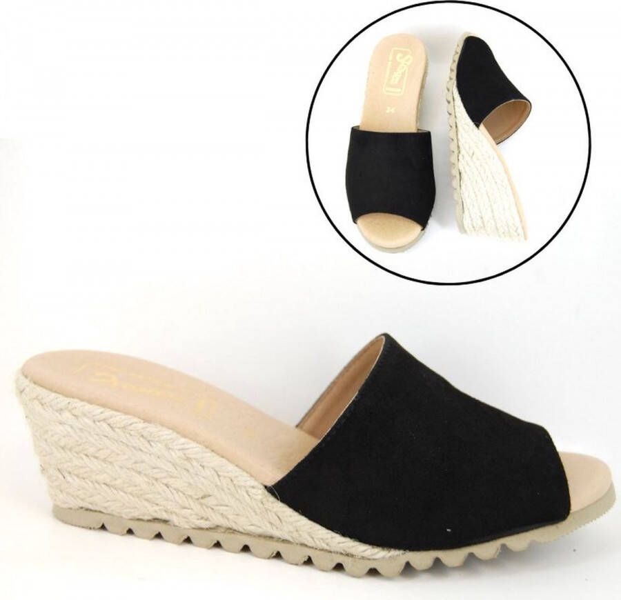 Stravers Grote Maten Schoenen Stravers Espadrille Slippers Zwart Suede Grote Maten Muiltjes met Sleehakken