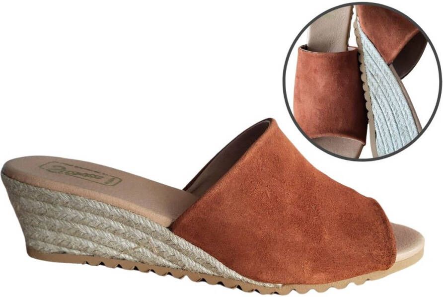 Stravers Grote Maten Schoenen Stravers Espadrille Slippers Cognac Bruin Suede Grote Maten Muiltjes met Sleehakken
