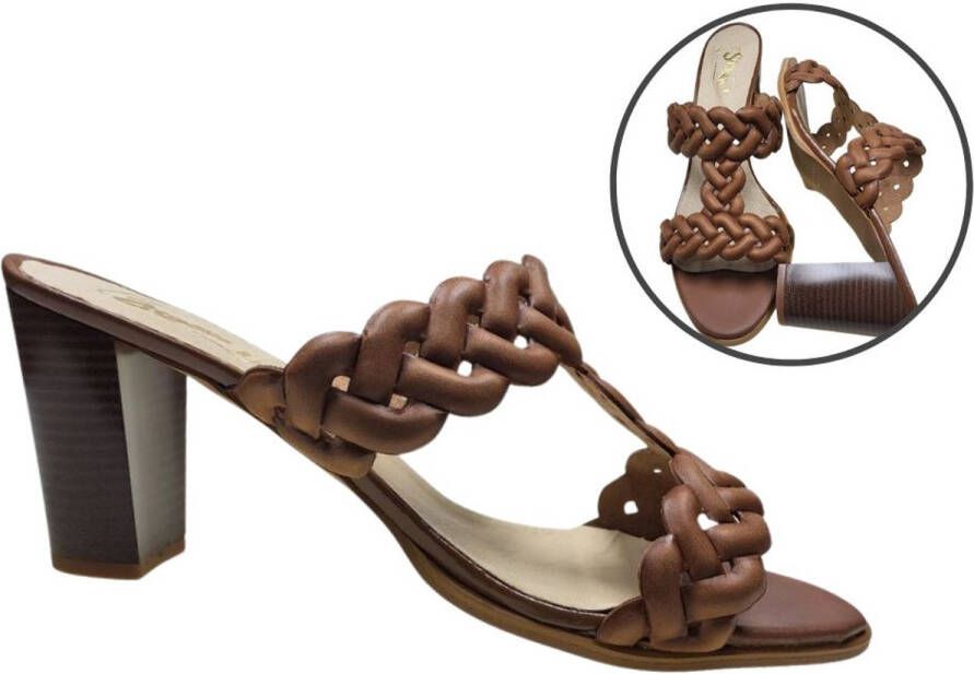 Stravers Grote Maten Schoenen Stravers Muiltjes gevlochten met Hak Grote Maten Bruine Slippers met Hak
