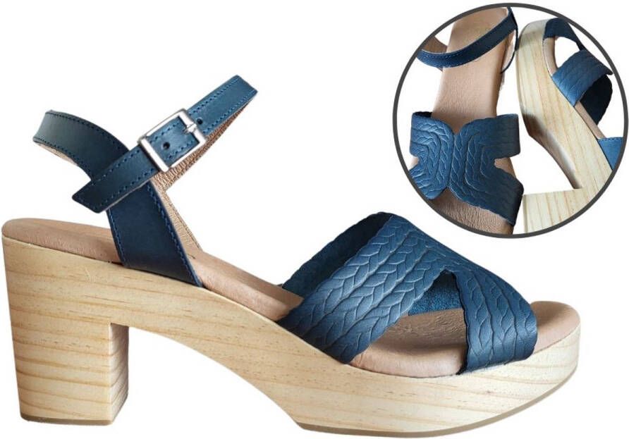 Stravers Grote Maten Schoenen Stravers Muiltjes Houten Zool en Leren Reliëf Band Blauw Grote Maten Dames Klompjes