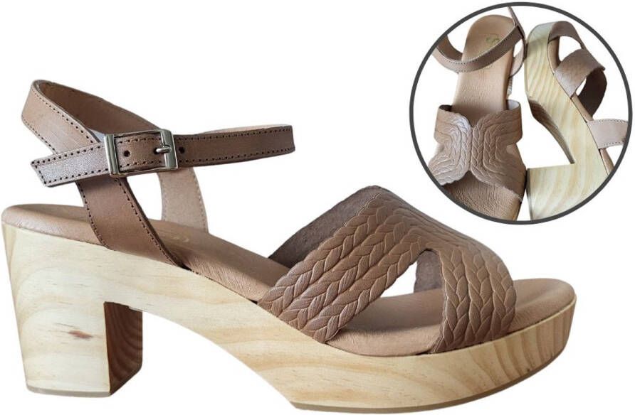 Stravers Grote Maten Schoenen Stravers Muiltjes Houten Zool en Leren Reliëf Band Bruin Grote Maten Dames Klompjes