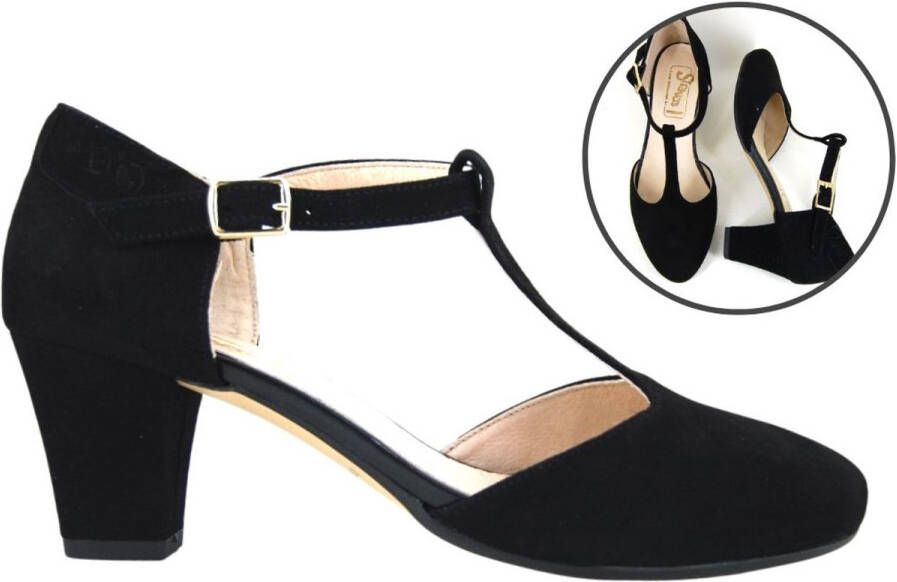 Stravers Grote Maten Schoenen Stravers Pumps met T-Bandje Zwart Suede Grote Maten Damesschoenen