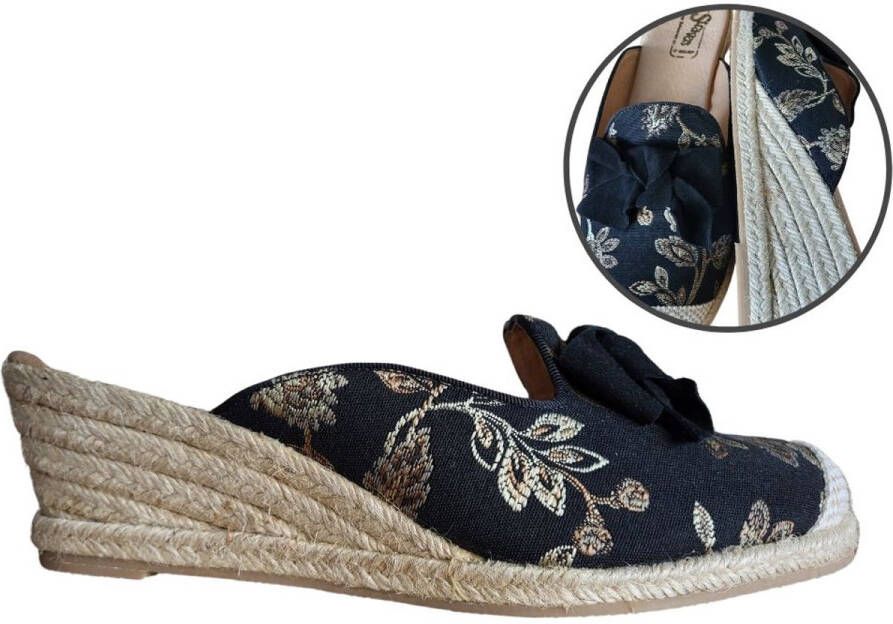 Stravers Grote Maten Schoenen Stravers Retro Print Sleehak Slippers Zwart Grote Maten Espadrilles Muiltjes