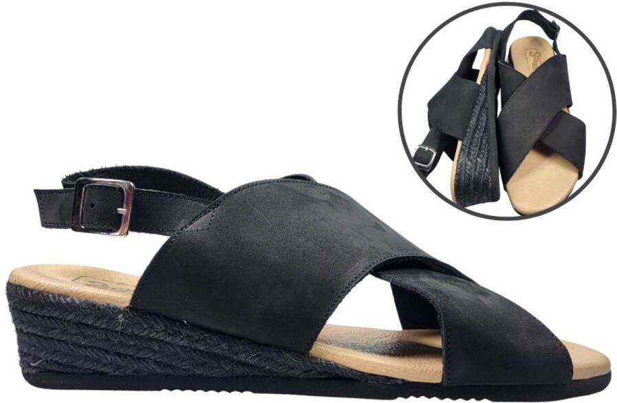 Stravers Grote Maten Schoenen Stravers Sandalen Kruisband en Sleehak Zwart Dames Grote Maten Leren Sandalen