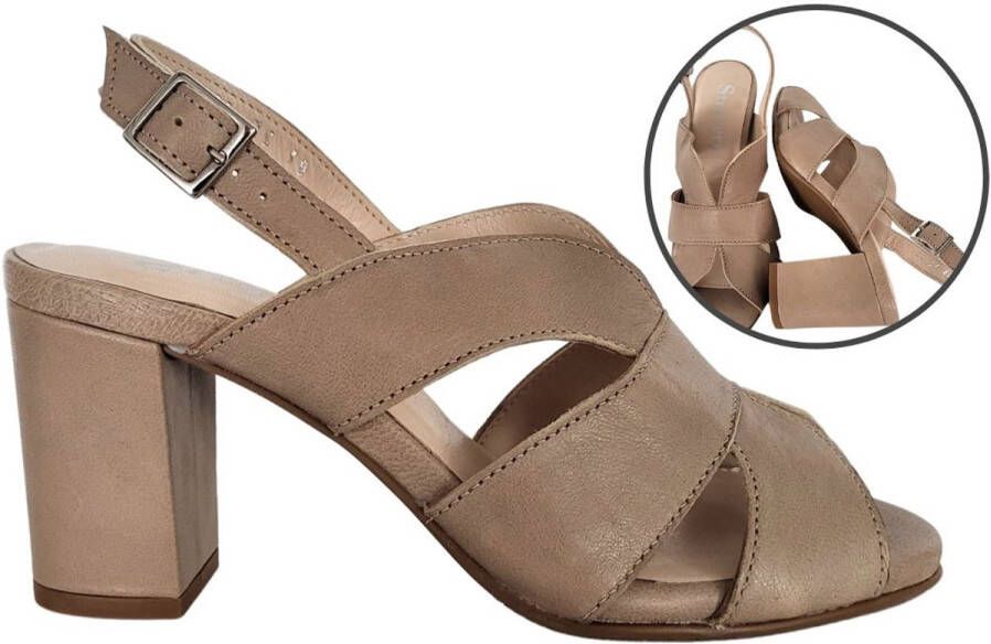 Stravers Kleine Maten Schoenen Stravers- Elegante Sandaal Taupe Met Blokhak Kleine Maten Taupe Leer