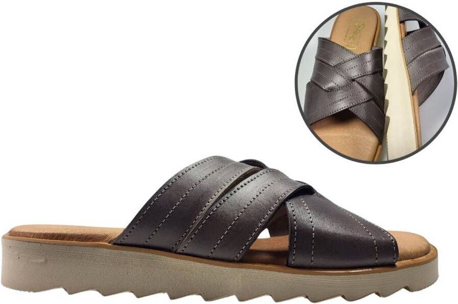 Stravers Kleine Maten Schoenen Stravers Leren Slippers Heren Taupe Kleine Herenmaat Kruisband Slippers
