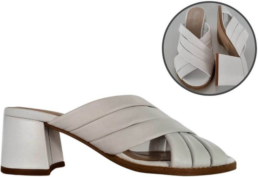 Stravers Kleine Maten Schoenen Stravers- Luxe Slipper met Dubbele Kruisband en Blokhakje Dames Kleine Maten Muiltje Wit