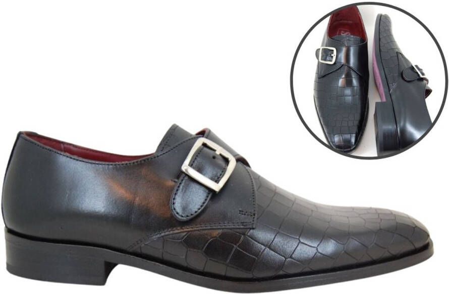 Stravers Kleine Maten Schoenen Stravers Nette Herenschoenen Croco print met Gesp Kleine Maten Zwarte Gespschoenen Heren