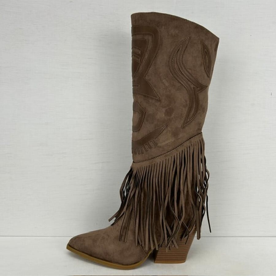 Suèdine cowboylaarzen met franjes en leuk design khaki